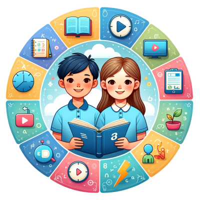 DALL·E 2024-01-04 12.55.14 - Create an educational graphic with a central circular composition, featuring two young students in the center, a boy and a girl, both smiling. The boy